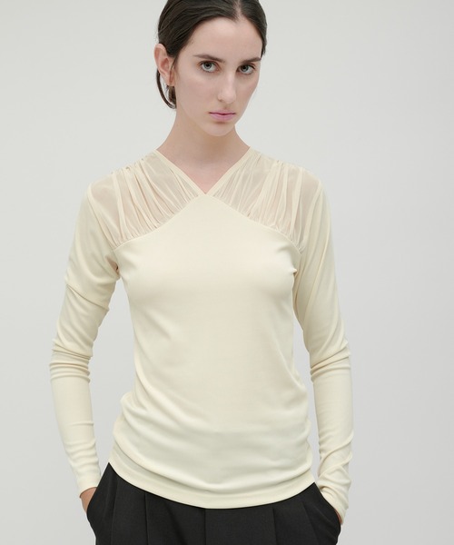 kiehtova（キエトヴァ）の「【kiehtova】TULLE DOCKING TOPS/チュール ドッキング トップス KTWR44　※（Tシャツ/カットソー・レディース・ブラック/グレー/アイボリー・FREE）」の2枚目の写真
