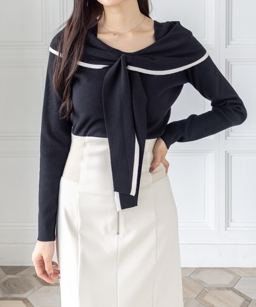 clear（クリア）の「配色リボンオフショル風ニットトップス[大人 フェミニン 上品]（ニット/セーター・レディース・アイボリー/ピンク/グレー/ブラック・F）」の2枚目の写真