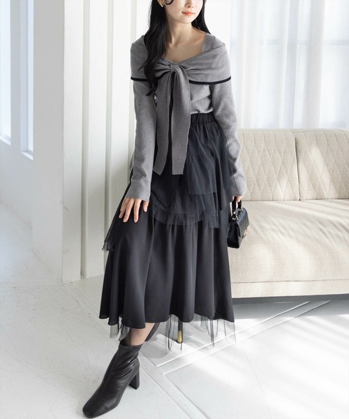 clear（クリア）の「配色リボンオフショル風ニットトップス[大人 フェミニン 上品]（ニット/セーター・レディース・アイボリー/ピンク/グレー/ブラック・F）」の20枚目の写真