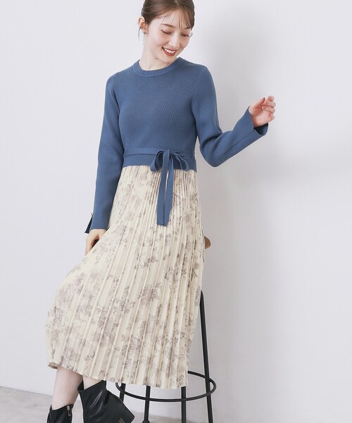 セール】フラワープリーツドッキングニットワンピース【洗濯機OK