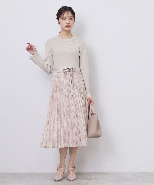 セール】フラワープリーツドッキングニットワンピース【洗濯機OK