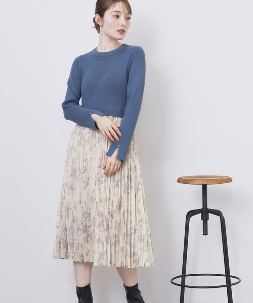 セール】フラワープリーツドッキングニットワンピース【洗濯機OK