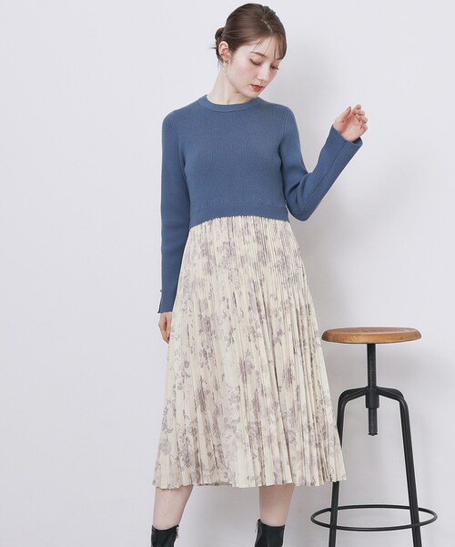 セール】フラワープリーツドッキングニットワンピース【洗濯機OK