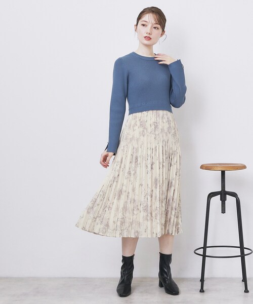 セール】フラワープリーツドッキングニットワンピース【洗濯機OK