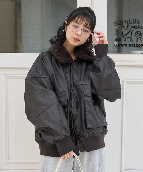 2way フェード加工 ファー襟レザレットブルゾン/ファー切替 レザレット