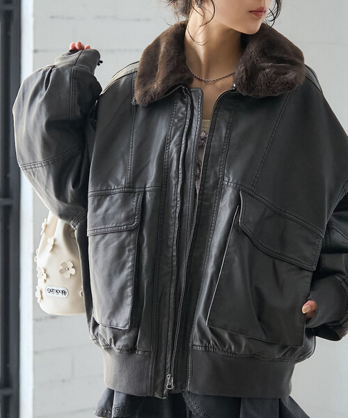 セール】2way フェード加工 ファー襟レザレットブルゾン/ファー