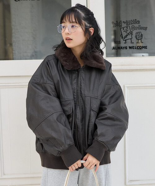 セール】2way フェード加工 ファー襟レザレットブルゾン/ファー