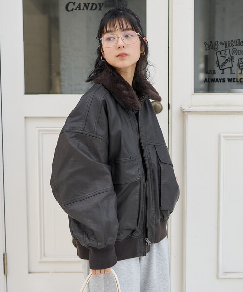 セール】2way フェード加工 ファー襟レザレットブルゾン/ファー