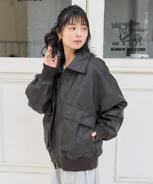 2way フェード加工 ファー襟レザレットブルゾン/ファー切替 レザレット