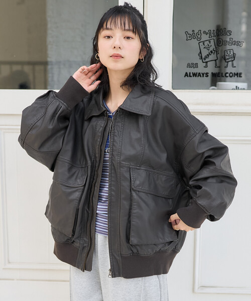 ファーブルゾン ヒビ割れ加工 着画あり ショート丈ビッグカラーフェイクファーブルゾン[品番：ERMW0003911