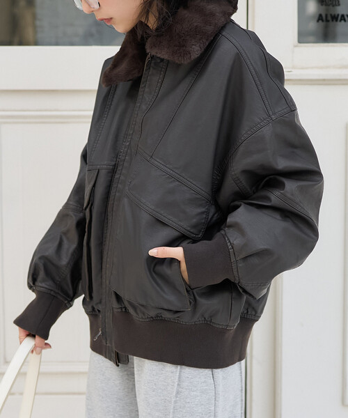 2way フェード加工 ファー襟レザレットブルゾン/ファー切替 レザレット