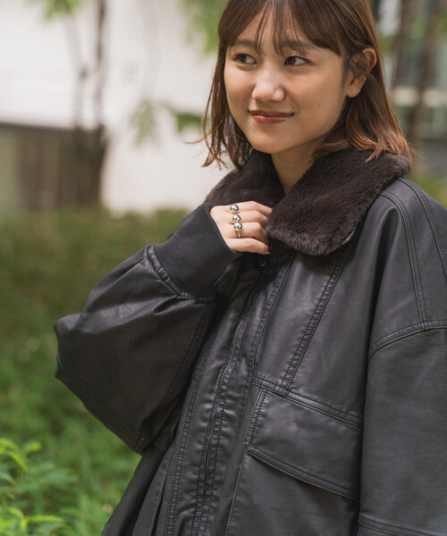 セール】2way フェード加工 ファー襟レザレットブルゾン/ファー