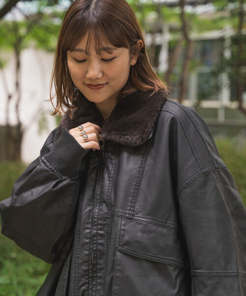 セール】2way フェード加工 ファー襟レザレットブルゾン/ファー切替