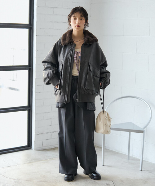 セール】2way フェード加工 ファー襟レザレットブルゾン/ファー切替