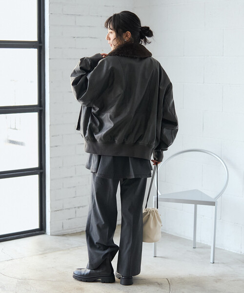 2way フェード加工 ファー襟レザレットブルゾン/ファー切替 レザレット