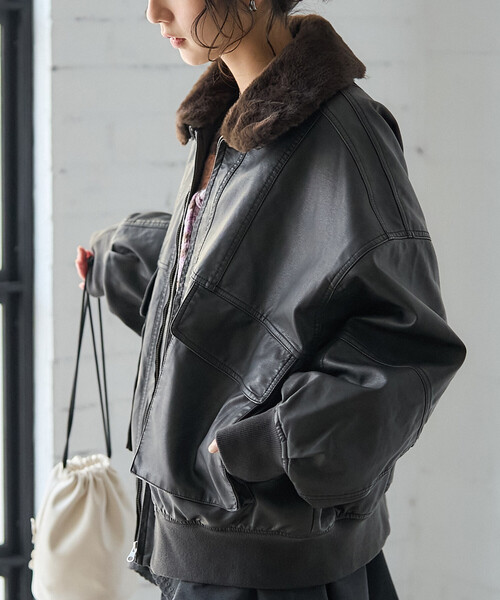 セール】2way フェード加工 ファー襟レザレットブルゾン/ファー切替