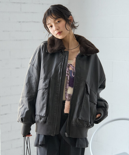 2way フェード加工 ファー襟レザレットブルゾン/ファー切替 レザレット