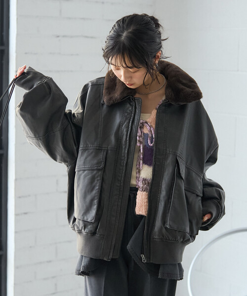 セール】2way フェード加工 ファー襟レザレットブルゾン/ファー切替