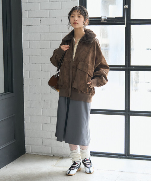 セール】2way フェード加工 ファー襟レザレットブルゾン/ファー切替