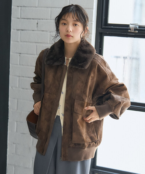2way フェード加工 ファー襟レザレットブルゾン/ファー切替 レザレット