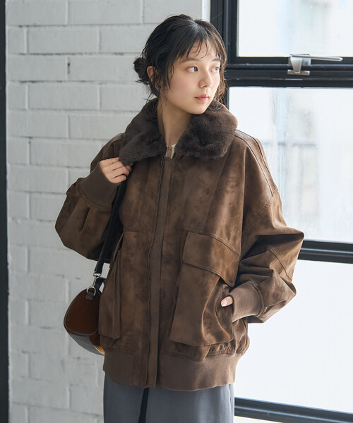 FREAK'S STORE 2way フェード加工 ファー襟ブルゾン　ブラウン セール】2way フェード加工 ファー襟レザレットブルゾン/ファー切替