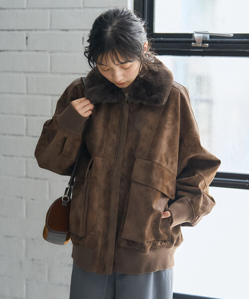 セール】2way フェード加工 ファー襟レザレットブルゾン/ファー切替
