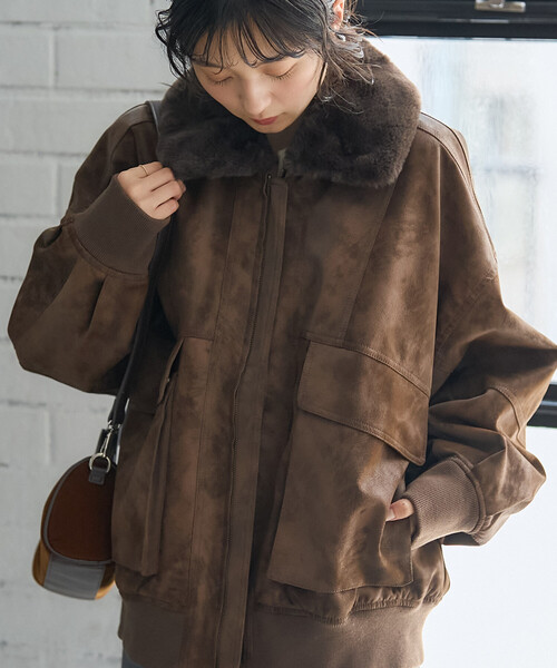 セール】2way フェード加工 ファー襟レザレットブルゾン/ファー切替