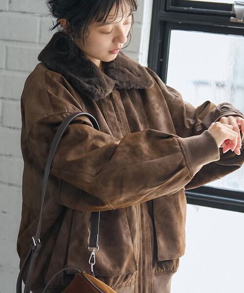 セール】2way フェード加工 ファー襟レザレットブルゾン/ファー切替