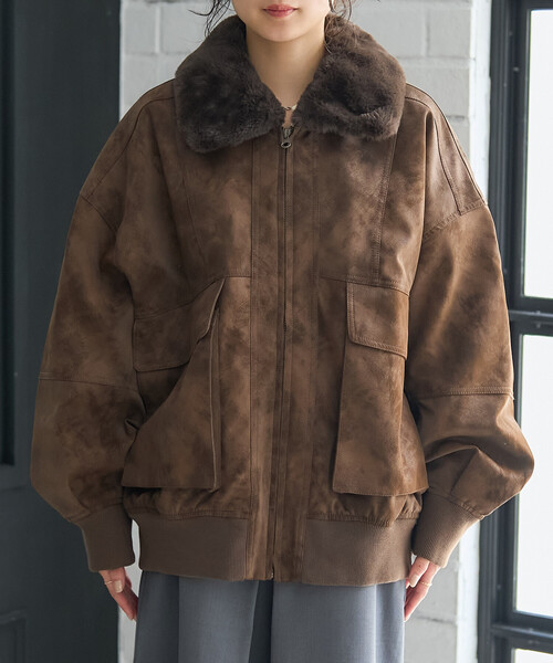 2way フェード加工 ファー襟レザレットブルゾン/ファー切替 レザレット