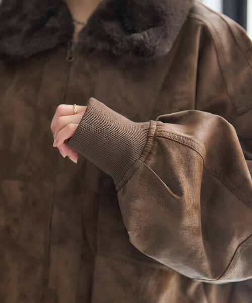 セール】2way フェード加工 ファー襟レザレットブルゾン/ファー切替