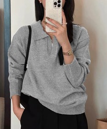 ポロ襟 スキッパー長袖ニットプルオーバー