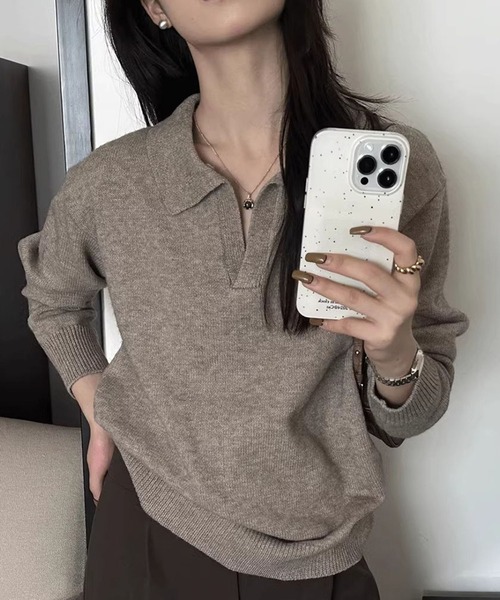 Doula Doula（ドゥーラドゥーラ）の「ポロ襟 スキッパー長袖ニットプルオーバー（ニット/セーター・レディース・ライトグレー/ピンク/モカ/ベージュ/ダークグレー/ブラック・FREE）」の4枚目の写真