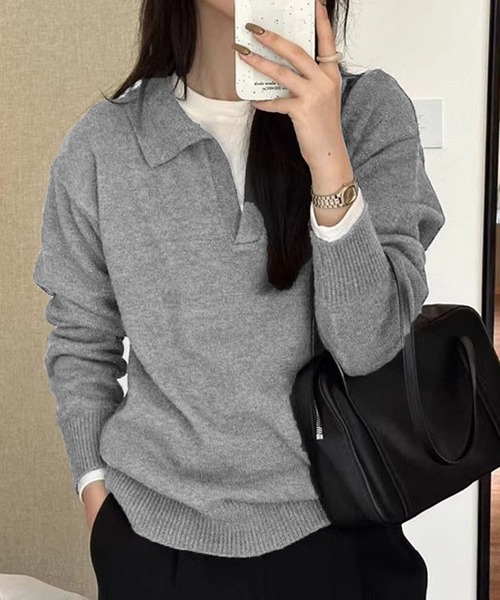 Doula Doula（ドゥーラドゥーラ）の「ポロ襟 スキッパー長袖ニットプルオーバー（ニット/セーター・レディース・ライトグレー/ピンク/モカ/ベージュ/ダークグレー/ブラック・FREE）」の8枚目の写真