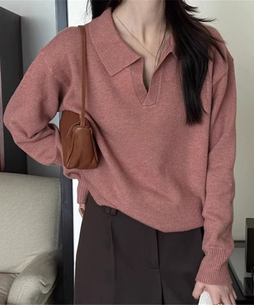 Doula Doula（ドゥーラドゥーラ）の「ポロ襟 スキッパー長袖ニットプルオーバー（ニット/セーター・レディース・ライトグレー/ピンク/モカ/ベージュ/ダークグレー/ブラック・FREE）」の9枚目の写真