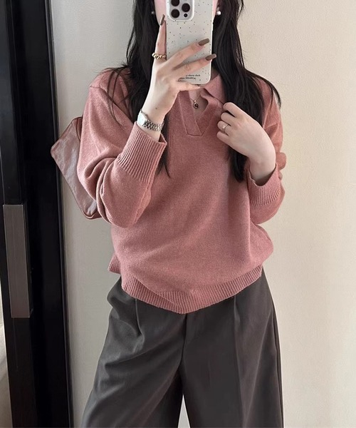 Doula Doula（ドゥーラドゥーラ）の「ポロ襟 スキッパー長袖ニットプルオーバー（ニット/セーター・レディース・ライトグレー/ピンク/モカ/ベージュ/ダークグレー/ブラック・FREE）」の10枚目の写真