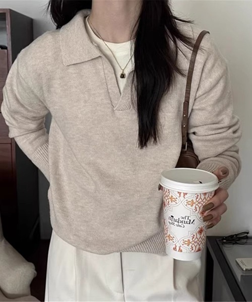 Doula Doula（ドゥーラドゥーラ）の「ポロ襟 スキッパー長袖ニットプルオーバー（ニット/セーター・レディース・ライトグレー/ピンク/モカ/ベージュ/ダークグレー/ブラック・FREE）」の7枚目の写真