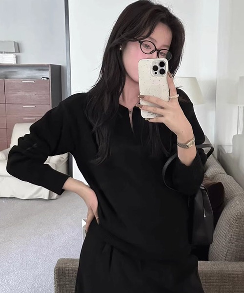 Doula Doula（ドゥーラドゥーラ）の「ポロ襟 スキッパー長袖ニットプルオーバー（ニット/セーター・レディース・ライトグレー/ピンク/モカ/ベージュ/ダークグレー/ブラック・FREE）」の13枚目の写真