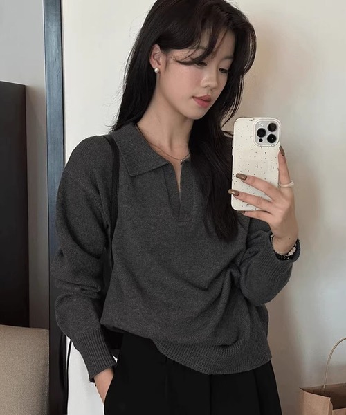 Doula Doula（ドゥーラドゥーラ）の「ポロ襟 スキッパー長袖ニットプルオーバー（ニット/セーター・レディース・ライトグレー/ピンク/モカ/ベージュ/ダークグレー/ブラック・FREE）」の15枚目の写真