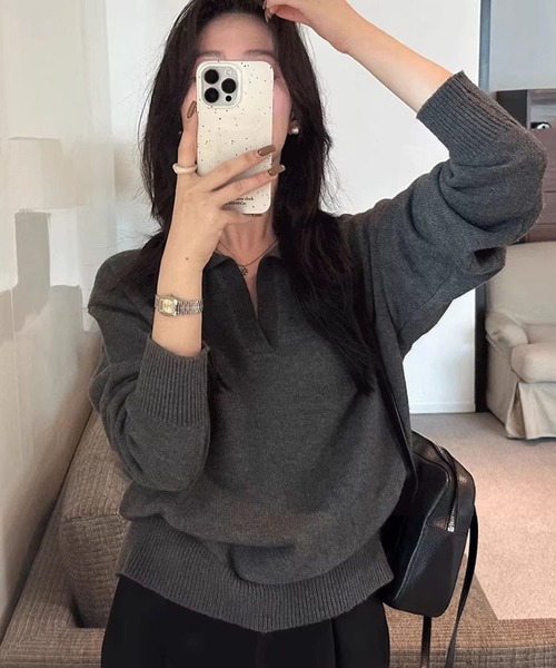 Doula Doula（ドゥーラドゥーラ）の「ポロ襟 スキッパー長袖ニットプルオーバー（ニット/セーター・レディース・ライトグレー/ピンク/モカ/ベージュ/ダークグレー/ブラック・FREE）」の16枚目の写真