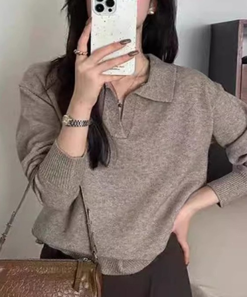 Doula Doula（ドゥーラドゥーラ）の「ポロ襟 スキッパー長袖ニットプルオーバー（ニット/セーター・レディース・ライトグレー/ピンク/モカ/ベージュ/ダークグレー/ブラック・FREE）」の17枚目の写真