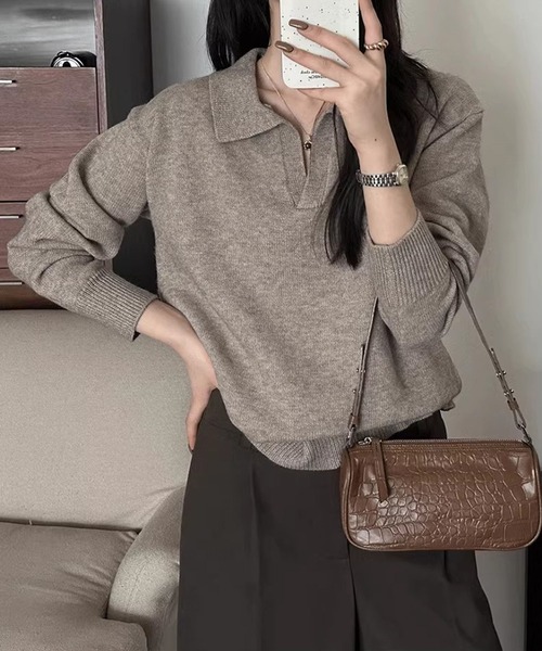 Doula Doula（ドゥーラドゥーラ）の「ポロ襟 スキッパー長袖ニットプルオーバー（ニット/セーター・レディース・ライトグレー/ピンク/モカ/ベージュ/ダークグレー/ブラック・FREE）」の18枚目の写真