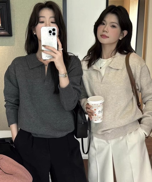 Doula Doula（ドゥーラドゥーラ）の「ポロ襟 スキッパー長袖ニットプルオーバー（ニット/セーター・レディース・ライトグレー/ピンク/モカ/ベージュ/ダークグレー/ブラック・FREE）」の20枚目の写真