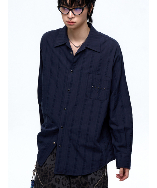 RSSC(アールエスエスシー)の「RIVET WRINKLE STRIPE SHIRT - NAVY(シャツ/ブラウス・レディース・その他・1/2)」の1枚目の写真
