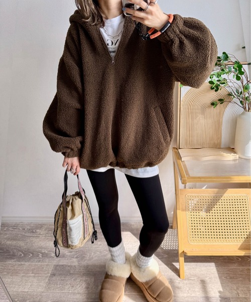 CURA CLOSET(キュラ クローゼット)の「【ema.217 select】テディボア ハーフジップ パーカー(パーカー・レディース・アイボリー/ブラック/ブラウン/モカ・フリー)」の1枚目の写真