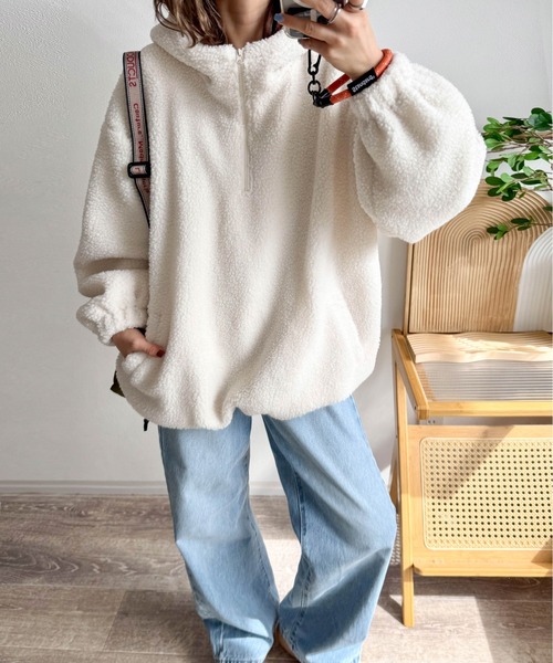 CURA CLOSET(キュラ クローゼット)の「【ema.217 select】テディボア ハーフジップ パーカー(パーカー・レディース・アイボリー/ブラック/ブラウン/モカ・フリー)」の2枚目の写真