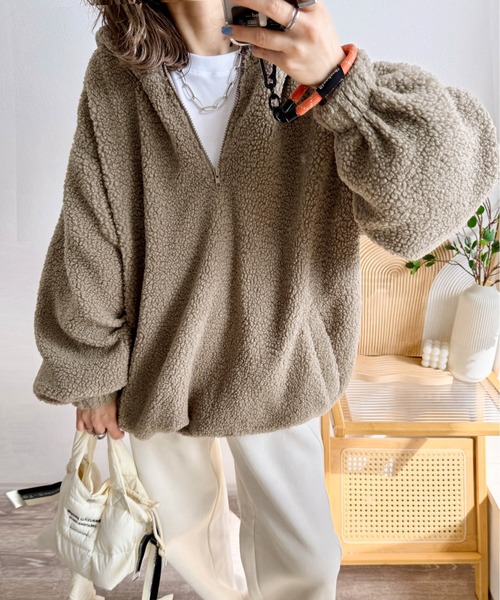 CURA CLOSET(キュラ クローゼット)の「【ema.217 select】テディボア ハーフジップ パーカー(パーカー・レディース・アイボリー/ブラック/ブラウン/モカ・フリー)」の4枚目の写真