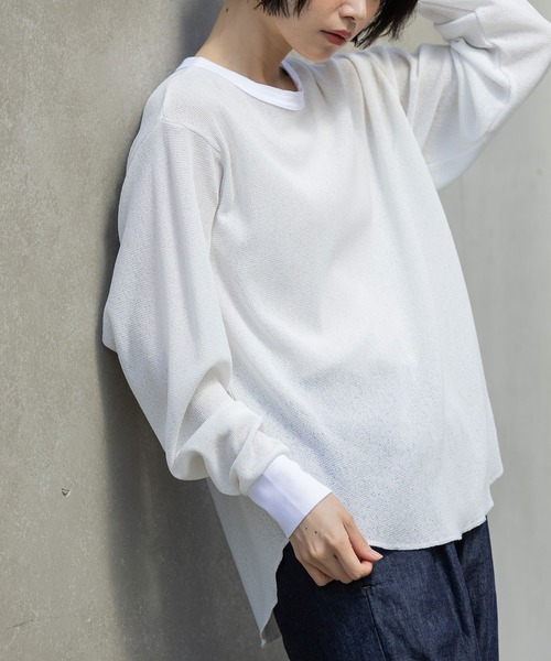 Munich(ミューニック)の「【速乾性】シアーワッフルバックヘンリーネックプルオーバー(Tシャツ/カットソー・レディース・ホワイト/ブラック/グレイッシュベージュ・FREE)」の2枚目の写真
