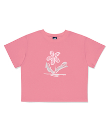 ソフトピンククレパスフラワープリンティングクロップ半袖Tシャツピンク