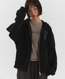PARAKEET（パラキート）の「カットオフアプリケジップアップフードパーカー（ブラック）（パーカー）」