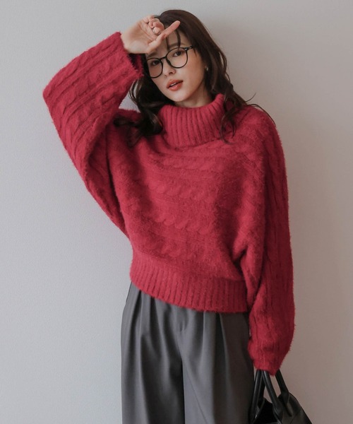 AMELY（エミリー）の「2WAYケーブル編みニット（ニット/セーター・レディース・ベージュ/レッド/ライトグレー/ブラック・フリー）」の4枚目の写真